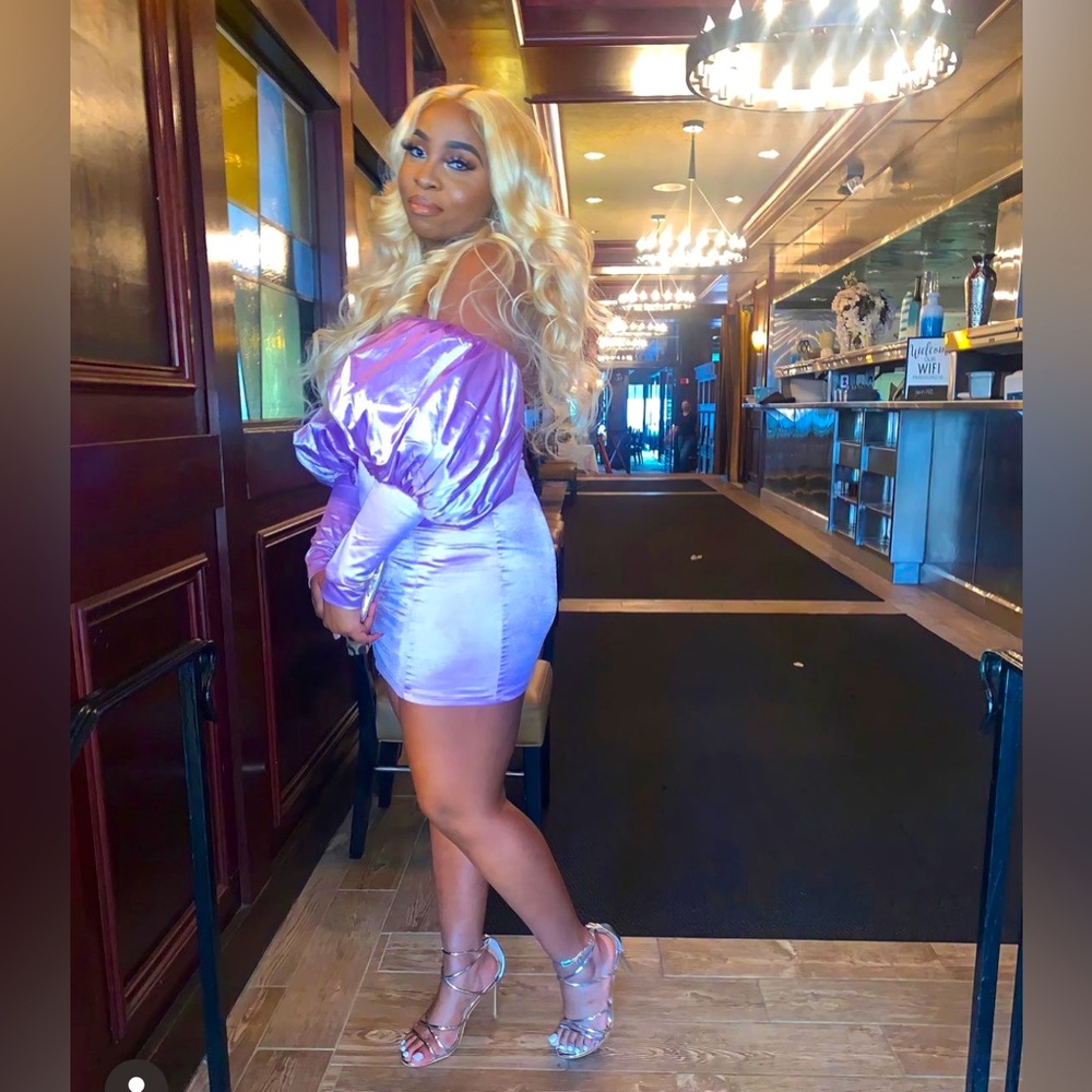 Purple Puff Sleeve Mini Bodycon Dress